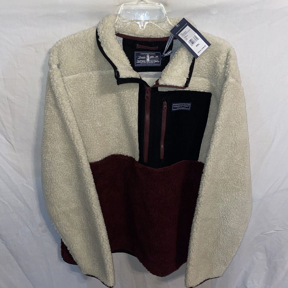 Vineyard Vines SuperShep Men’s Fleece Jacket Sz 2XL Ivory Burgundy Outdoors NWT